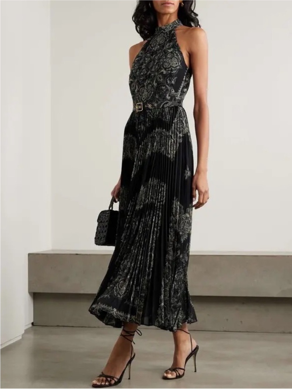 Zimmermann Sunray Pleated Picnic Halter High Neck Black Ivory Paisley Halter